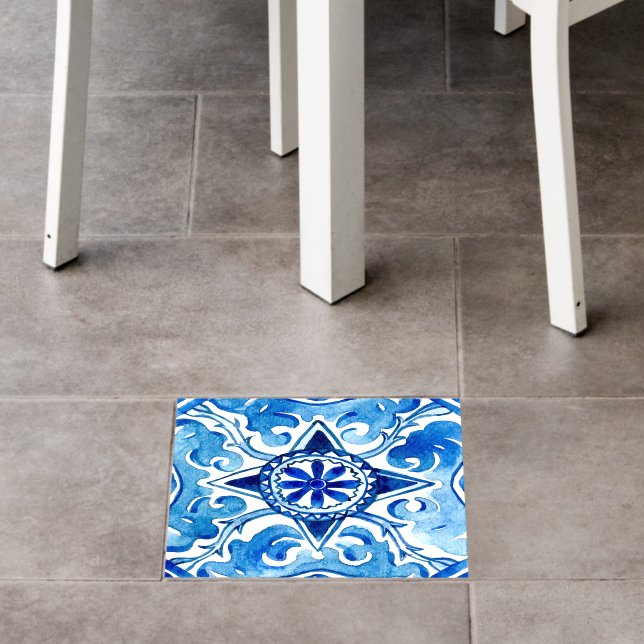 Watercolor Mediterranean Blue Tile Vinyl  Floor Decals (Restaurant)