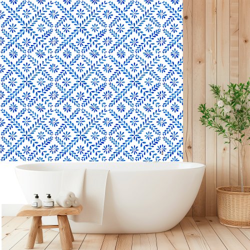 Watercolor Mediterranean Blue Tile Wallpaper
