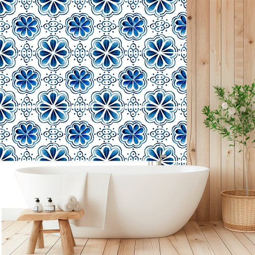 Watercolor Mediterranean Blue Tile Wallpaper