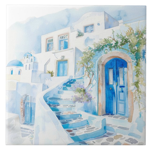 Watercolor Mediterranean  Ceramic Tile (Front)