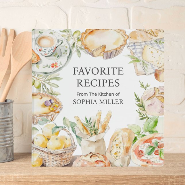 Watercolor Mediterranean Food Family Recipe 3 Ring Binder (In situ)
