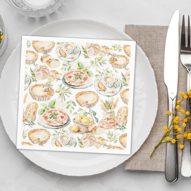 Watercolor Mediterranean Food Pattern Napkins (In situ)