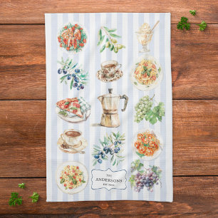 Watercolor Mediterranean foods Custom Family Name Kitchen Towel
