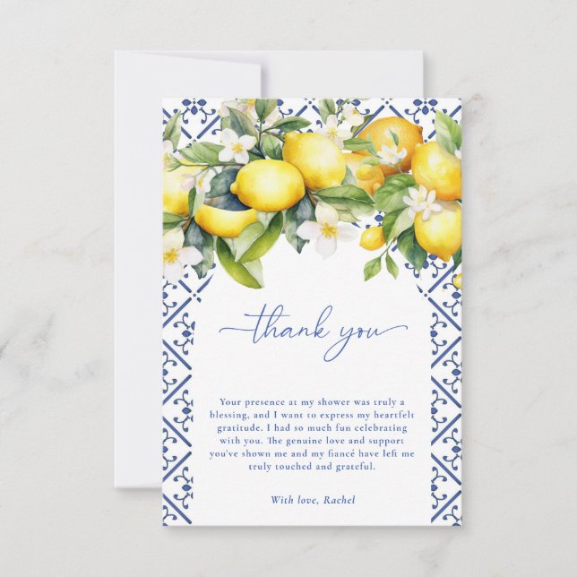 Watercolor Mediterranean Italian Bridal Shower  Thank You Card (Front)