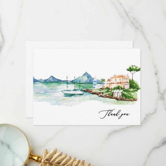 Watercolor Mediterranean Landscape Custom Name Thank You Card (Front/Back In Situ)