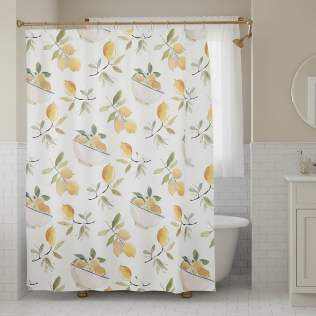 Watercolor Mediterranean Lemon Shower Curtain (elegant cottagecore watercolor lemon shower curtain)