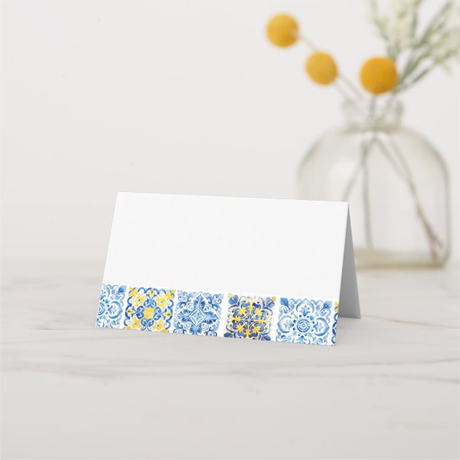 Watercolor Mediterranean Portuguese Blue Tile Place Card (Front)