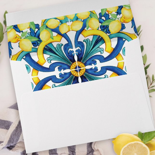 Watercolor Mediterranean Tile Lemon Blue Yellow Envelope (Creator Uploaded)
