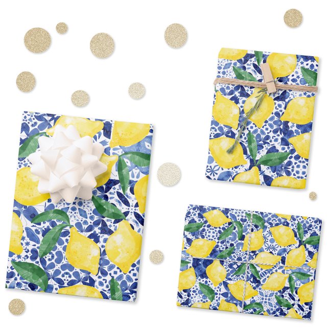 Watercolor Mediterranean Tile Lemon Pattern Citrus Wrapping Paper Sheets (Watercolor lemons on a blue and white Mediterranean tile pattern gift wrap sheets)