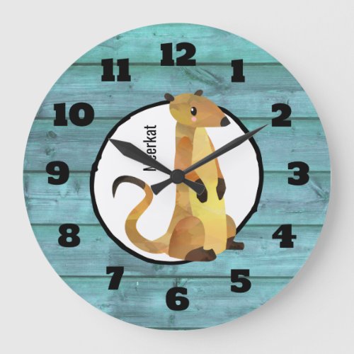 Watercolor Meerkat on a Blue Wood Background Large Clock