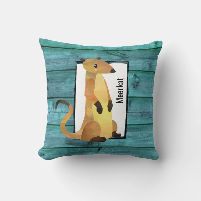 Watercolor Meerkat on a Blue Wood Background Throw Pillow (Front)