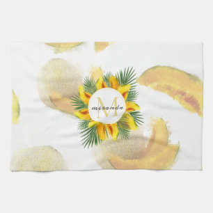 Watercolor Melon Tropical Leaves Wreath Monogram Kitchen Towel