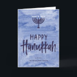 Watercolor Menorah Folded Hanukkah Card<br><div class="desc">A wash of watery blue serves as a subtle backdrop for this textured menorah illustration and inky, hand-lettered Happy Hanukkah text. Don't forget to personalize the front with your name text. Add a personal touch to the inside of this folded card with the "customize it" options and change everything from...</div>