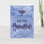 Watercolor Menorah Folded Hanukkah Card<br><div class="desc">A wash of watery blue serves as a subtle backdrop for this textured menorah illustration and inky, hand-lettered Happy Hanukkah text. Don't forget to personalize the front with your name text. Add a personal touch to the inside of this folded card with the "customize it" options and change everything from...</div>