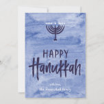 Watercolor Menorah Hanukkah Flat Photo Card<br><div class="desc">A wash of watery blue serves as a subtle backdrop for a textured menorah illustration and inky, hand-lettered Happy Hanukkah text. Don't forget to personalize this two-photo holiday card with your own photos and name text. Add your own special touch with the "customize it" options and change everything from the...</div>