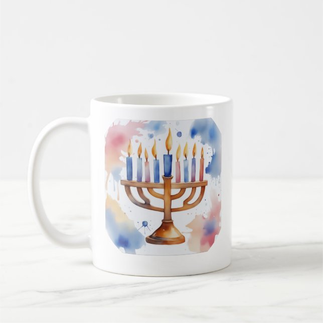 Watercolor Menorah – Happy Hanukkah Coffee Mug (Left)