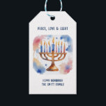Watercolor Menorah – Happy Hanukkah Gift Tags<br><div class="desc">Celebrate the Festival of Lights with this elegant Watercolor Menorah Happy Hanukkah design. Featuring soft watercolor tones and glowing candles, this artwork brings warmth, peace, and tradition to any holiday product. Perfect for personalized Hanukkah cards, candles, home décor, and meaningful gifts for family and friends. Add your name or message...</div>