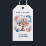 Watercolor Menorah – Happy Hanukkah Gift Tags<br><div class="desc">Celebrate the Festival of Lights with this elegant Watercolor Menorah Happy Hanukkah design. Featuring soft watercolor tones and glowing candles, this artwork brings warmth, peace, and tradition to any holiday product. Perfect for personalized Hanukkah cards, candles, home décor, and meaningful gifts for family and friends. Add your name or message...</div>