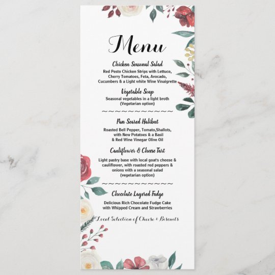 Watercolor Menu Wedding Reception Red Floral Card Zazzle Com