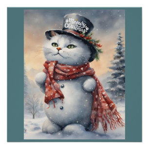 Watercolor Meowy Christmas Cute Cat Snowman Poster