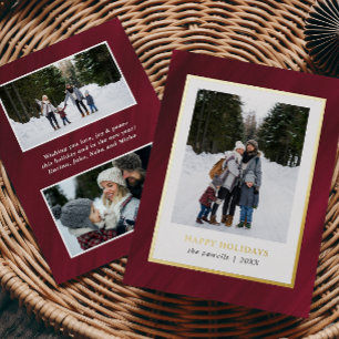 Watercolor Merlot Red  Frame 3 Photos Christmas Foil Holiday Card