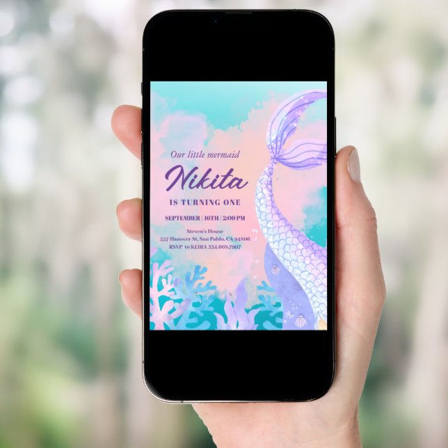 watercolor mermaid 1st birthday Invitation (Front Digital)