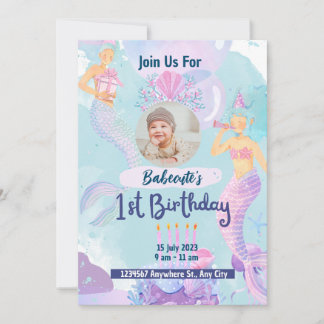 Watercolor Mermaid 1st birthday invitation