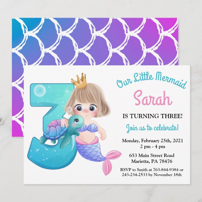 Watercolor Mermaid 3rd Birthday Party Invitation (Front/Back)