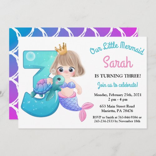 Watercolor Mermaid 3rd Birthday Party Invitation