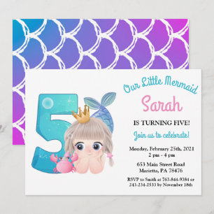 Watercolor Mermaid 5th Birthday Party Invitation