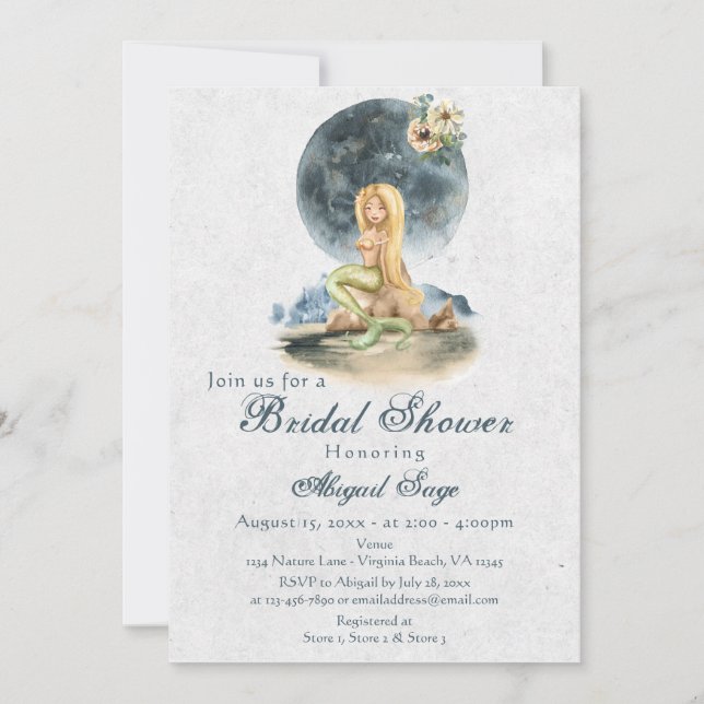 Watercolor Mermaid and Full Moon Bridal Shower Invitation (Front)