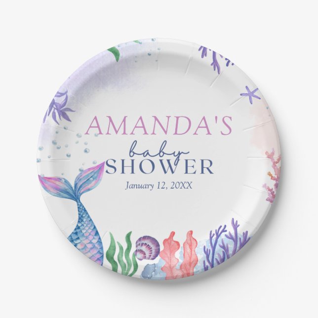 Watercolor Mermaid Baby Shower Paper Plate (Front)