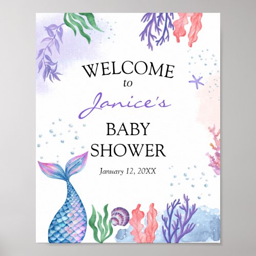 Watercolor Mermaid Baby Shower Welcome Sign