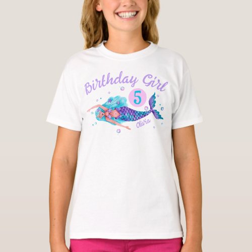 Watercolor Mermaid Birthday Girl T_Shirt
