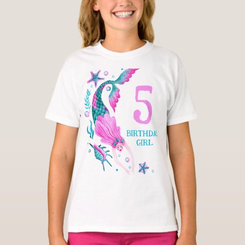 Watercolor Mermaid Birthday Girl Under the Sea T_Shirt