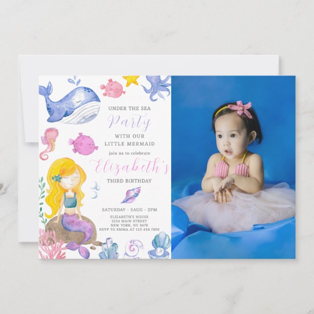 Watercolor Mermaid Birthday Invitation With Photo (Front)