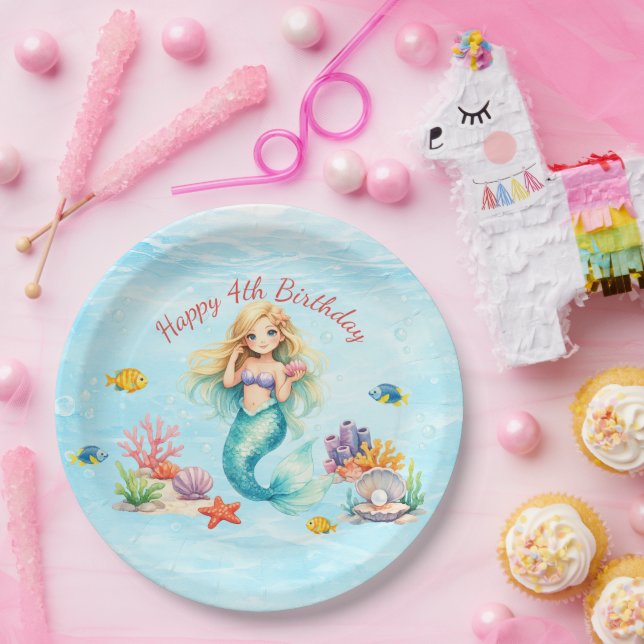 Watercolor Mermaid Birthday Paper Plates (Party)