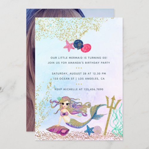 Watercolor Mermaid Birthday Party Photo Invitation