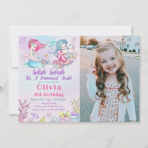 Watercolor Mermaid Birthday Photo Invitation