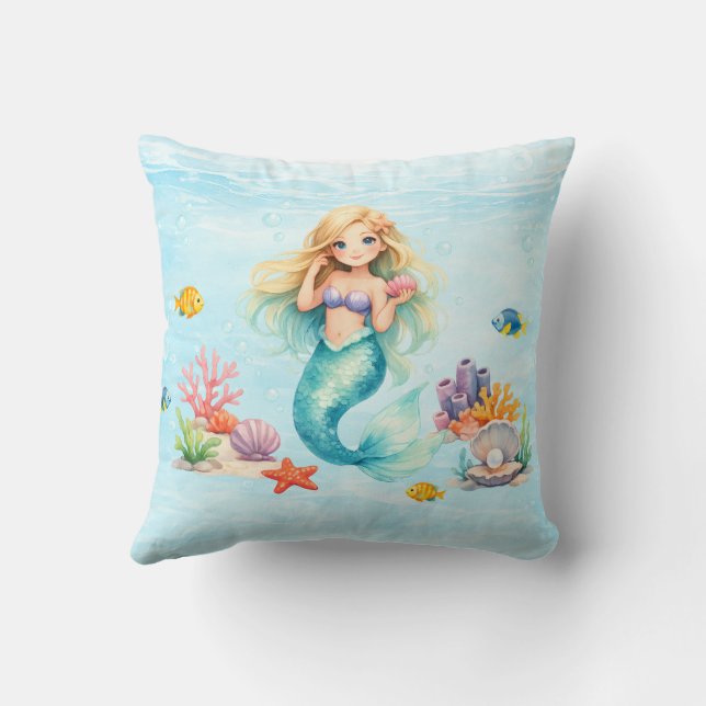 Watercolor Mermaid Birthday Throw Pillow (Back)