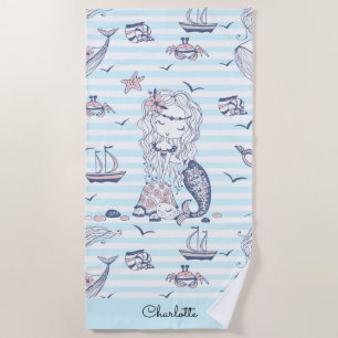 Watercolor Mermaid Blue Stripe Beach Towel