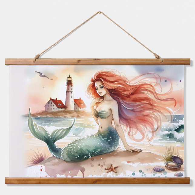 Watercolor Mermaid by Lighthouse Shore Hanging Tapestry (Front)