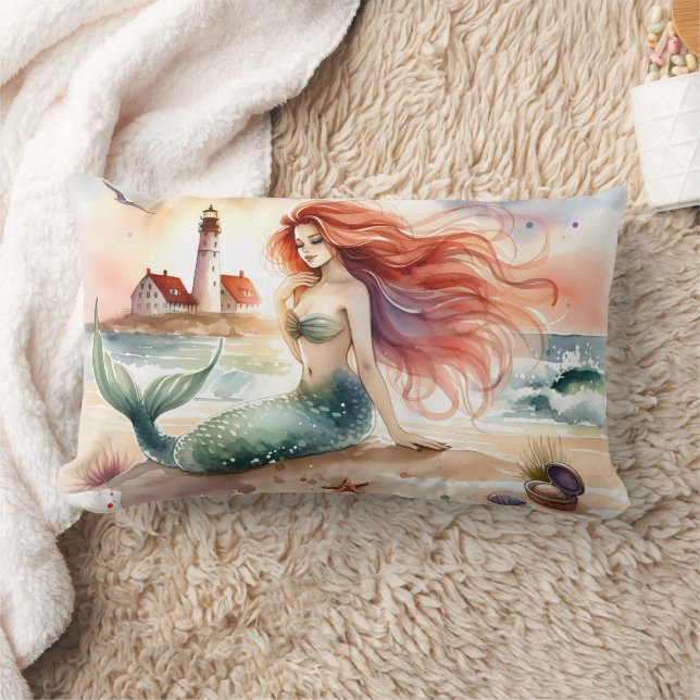 Watercolor Mermaid by Lighthouse Shore Lumbar Pillow (Blanket)