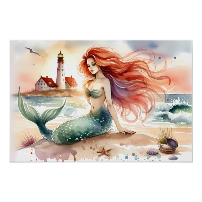 Watercolor Mermaid by Lighthouse Shore Poster (Front)