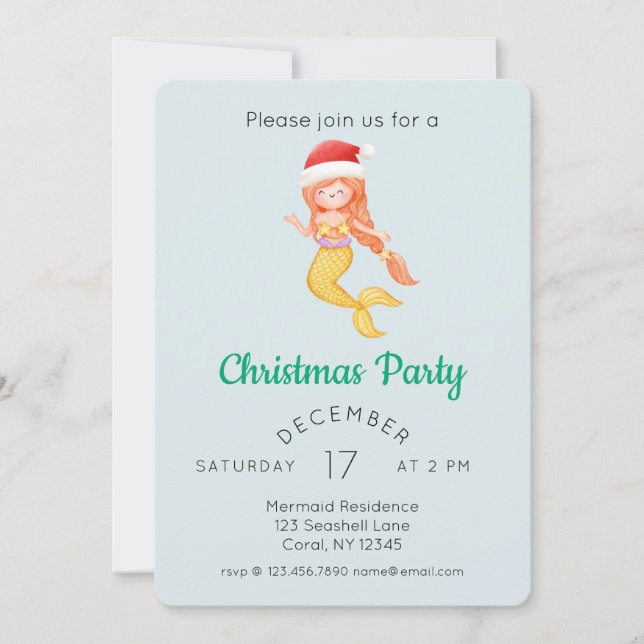 Watercolor Mermaid Christmas Party Invitation (Front)