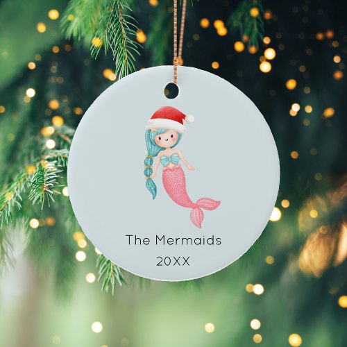 Watercolor Mermaid Christmas Photo Ceramic Ornament