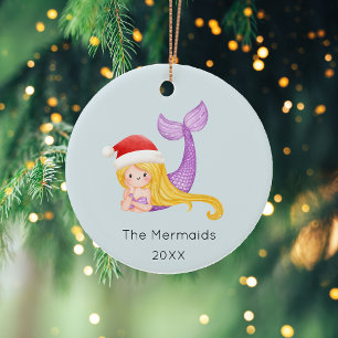 Watercolor Mermaid Christmas Photo Ceramic Ornament