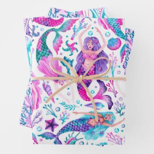 Watercolor Mermaid, Coral and Mermaid Tails Wrapping Paper Sheets
