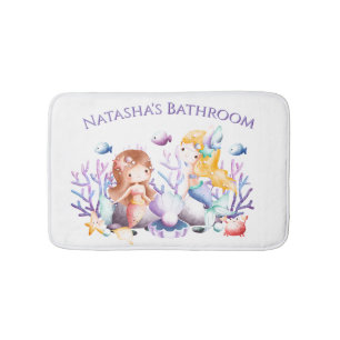 Watercolor Mermaid Custom Name Bathroom Bath Mat