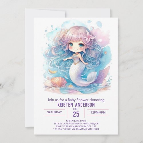 Watercolor Mermaid Fantasy Baby Shower Invitation